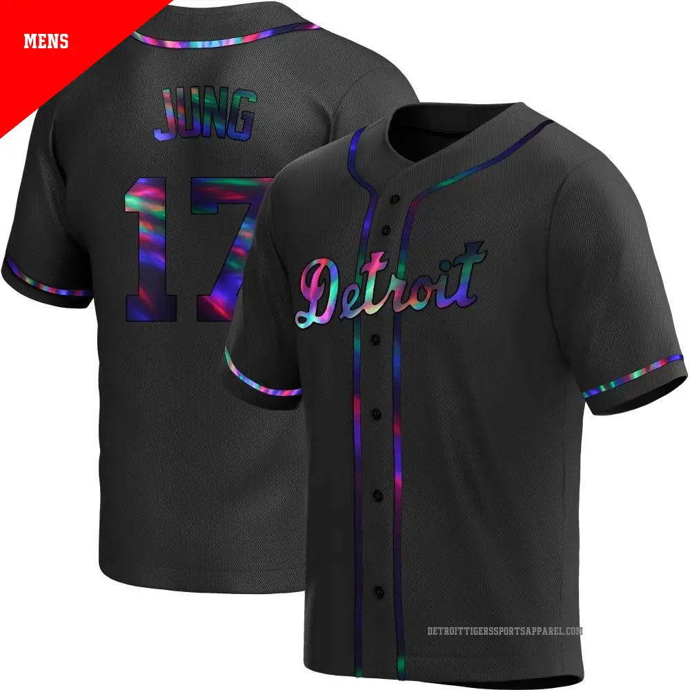 Men's ＃17 Jace Jung Detroit Tigers Black Replica Holographic Alternate Jersey