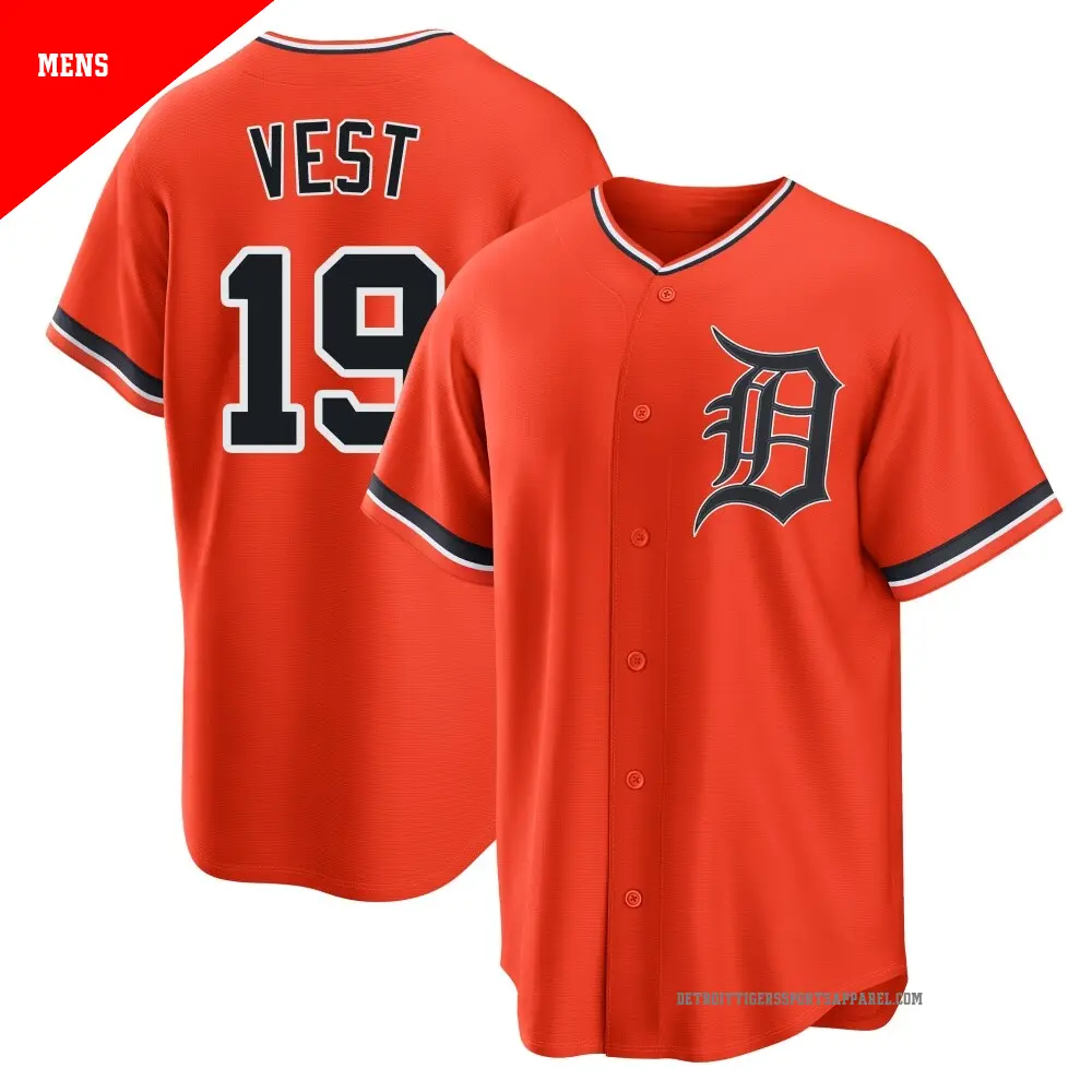 Men's ＃19 Will Vest Detroit Tigers Orange Replica Alternate Jersey