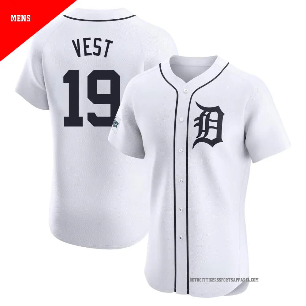 Men's ＃19 Will Vest Detroit Tigers White Elite Home Patch Jersey