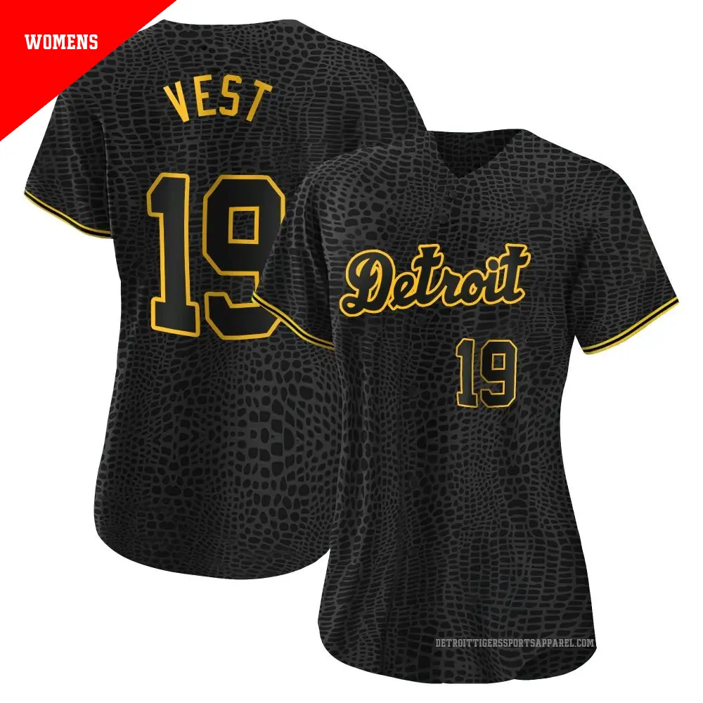 Women's ＃19 Will Vest Detroit Tigers Black Replica Snake Skin City Jersey