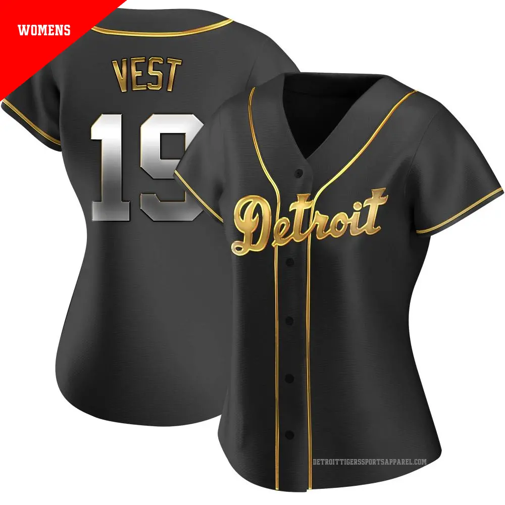 Women's ＃19 Will Vest Detroit Tigers Gold Replica Black en Alternate Jersey