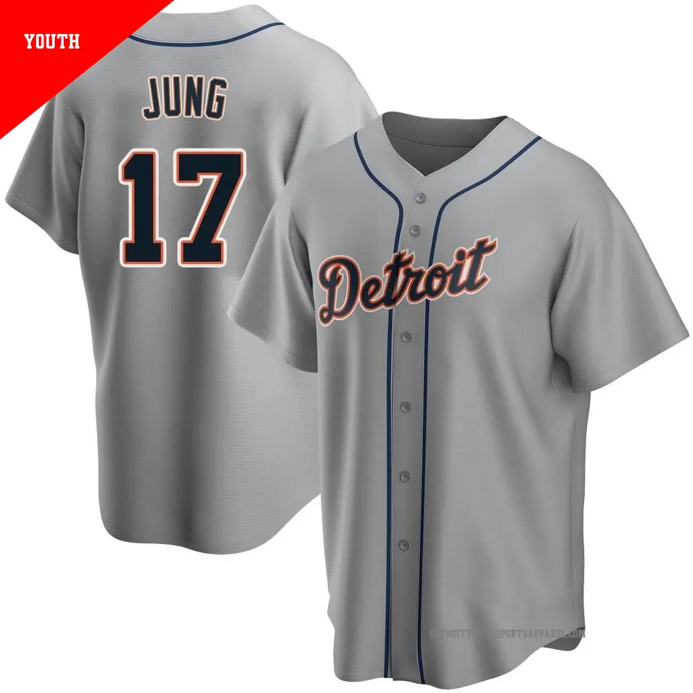 Youth ＃17 Jace Jung Detroit Tigers Gray Replica Road Jersey