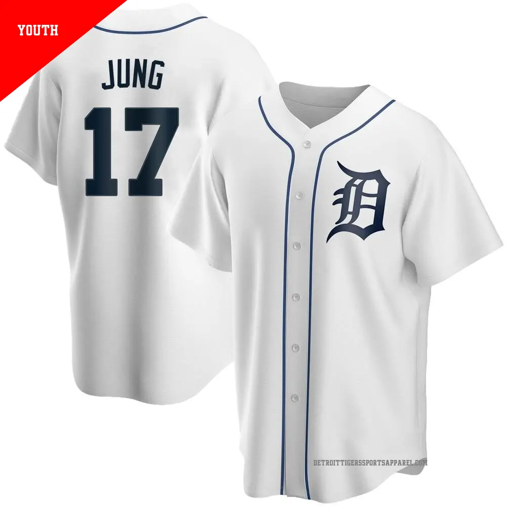 Youth ＃17 Jace Jung Detroit Tigers White Replica Home Jersey