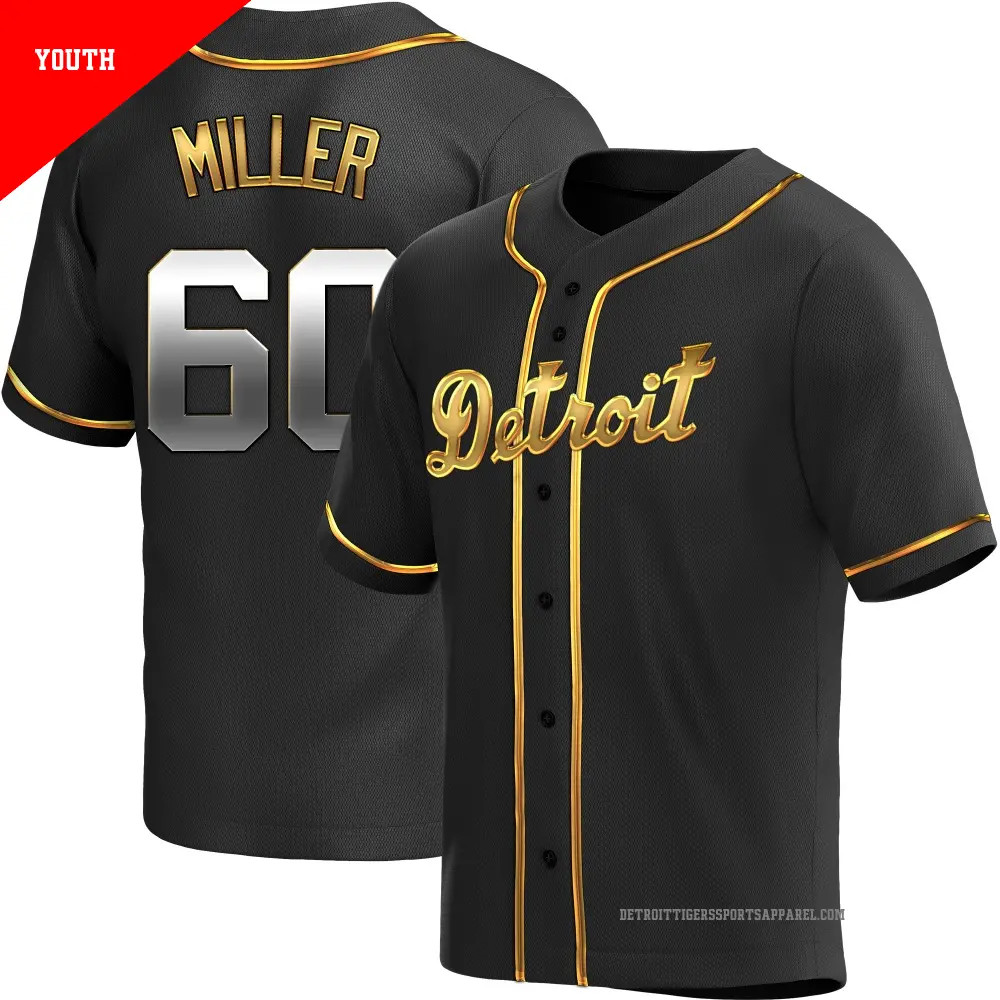 Youth ＃60 Jake Miller Detroit Tigers Gold Replica Black en Alternate Jersey