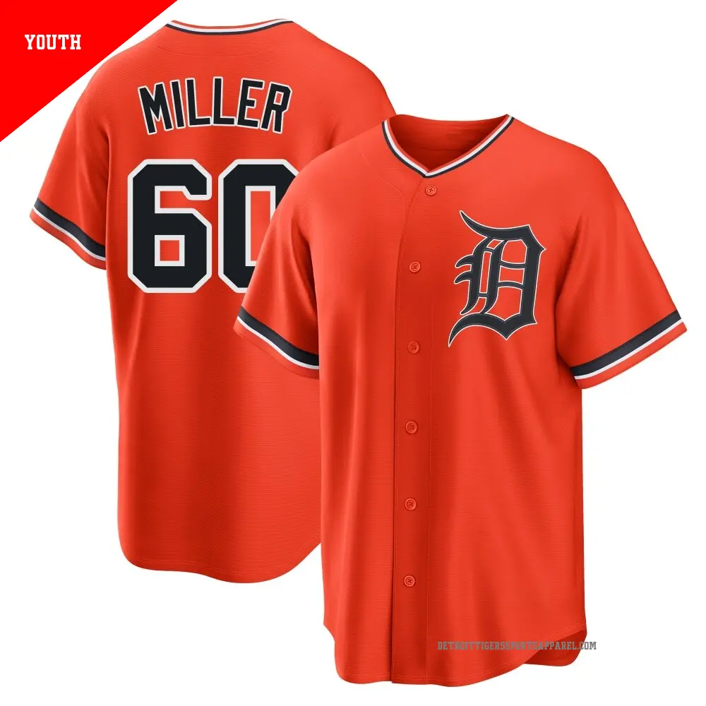 Youth ＃60 Jake Miller Detroit Tigers Orange Replica Alternate Jersey